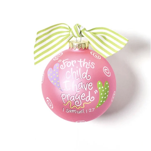 Coton Colors “For This Child Christmas I Have Prayed” Pink Glass Ornament - Picture 1 of 5